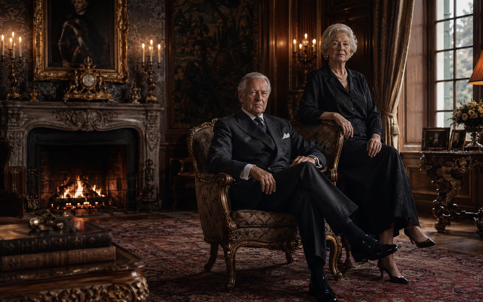 The Valenhurst family seated in a candlelit drawing room
